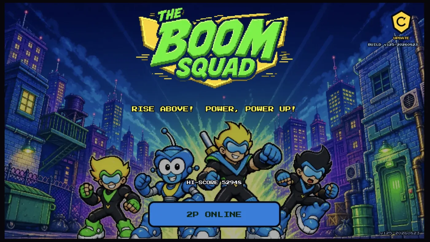 The Boom Squad: Rise Above! title screen, with Baboom, BeBot, Blast Captain and Buster standing in a neon city street