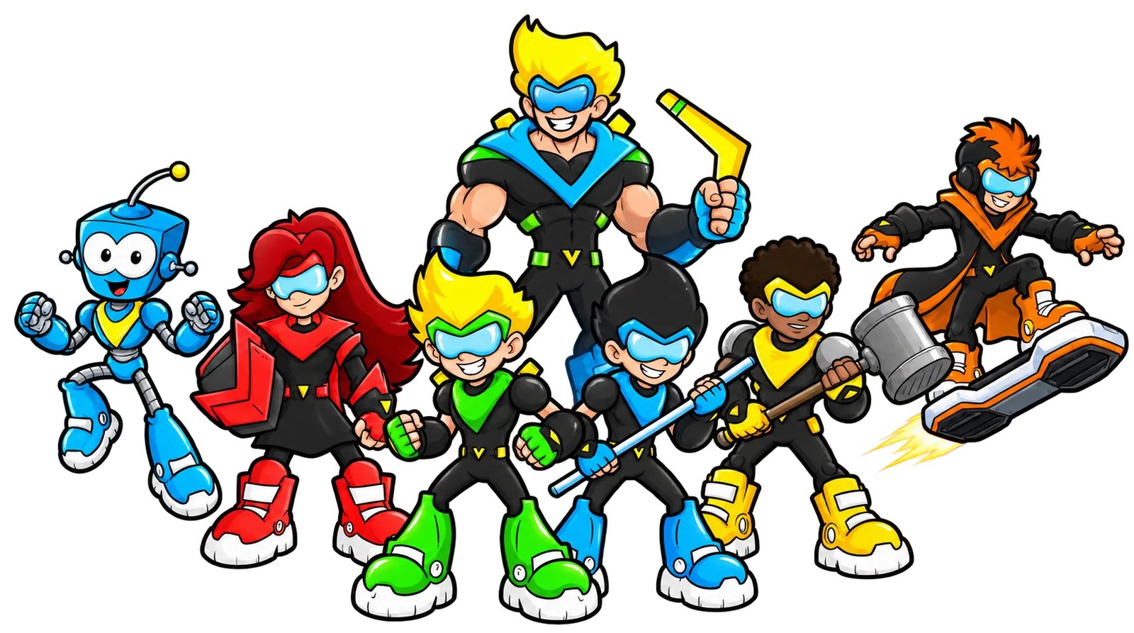The whole Boom Squad on a city rooftop at night — BeBot, Scout, Baboom, Buster, Gavel, Ratchet on his hoverboard, and Blast Captain standing tallest at the back