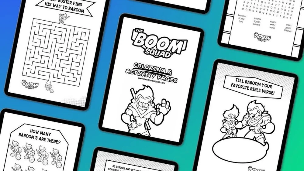A spread of printable Boom Squad coloring and activity pages — a maze, a word search, counting and coloring sheets