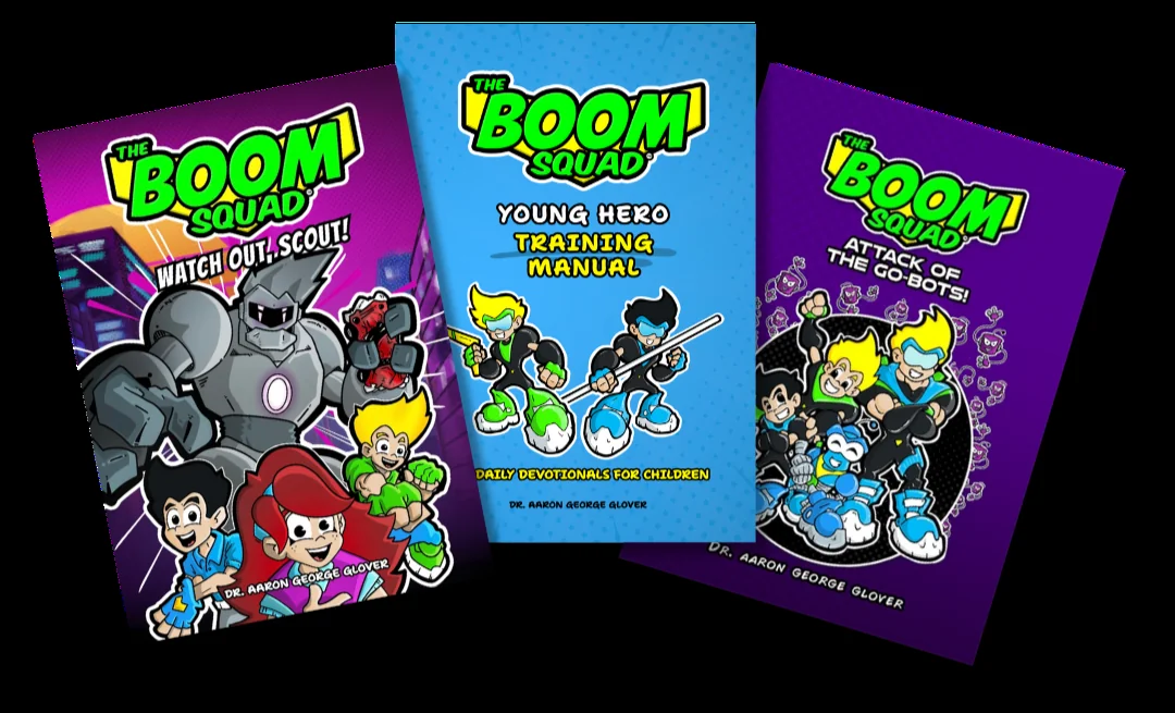 Three Boom Squad books side by side — Attack of the Go-Bots, Watch Out Scout and the Young Hero Training Manual